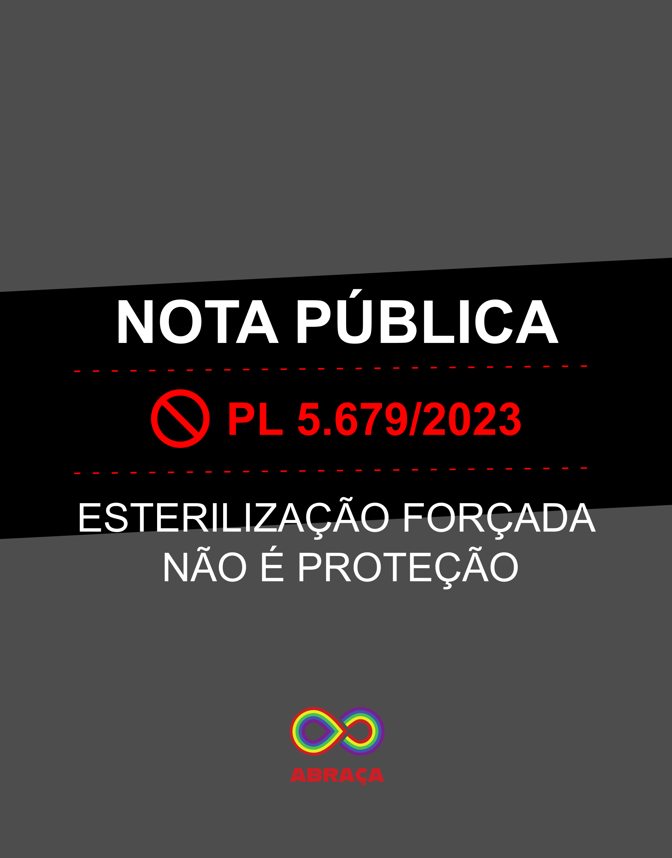 Imagem digital colorida. Fundo preto e cinza esscuro, com o texto Nota Pública - PL 5679/2023 - Esterilização forçada não é proteção