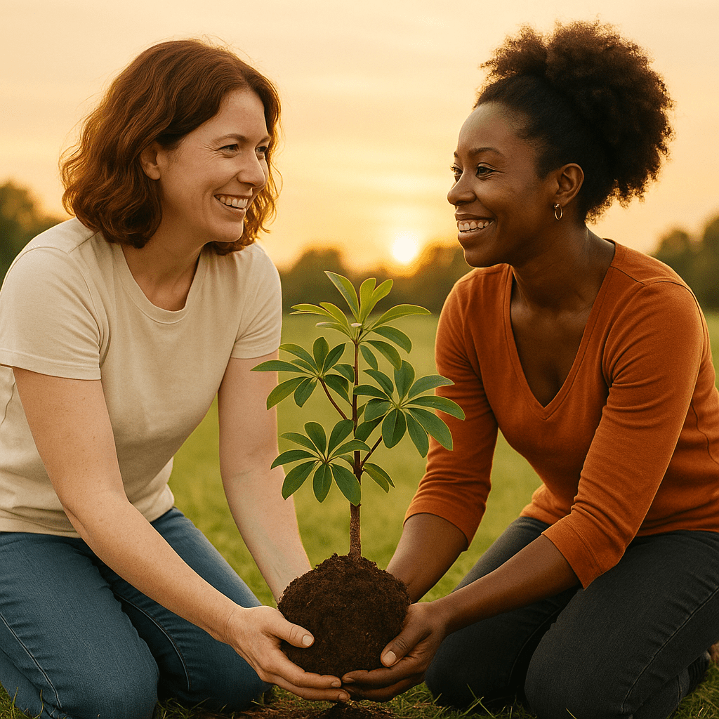 Imagem de duas mulheres, uma branca e outra negra, segurando uma muda da árvore da felicidade, enquanto sorriem uma para a outra. Ao fundo, imagem de um por do sol. Imagem criada com IA.
